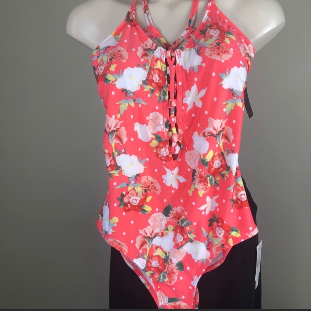 LAUNDRY BY DESIGN one piece Bright Coral Lace Up Swimsuit XS